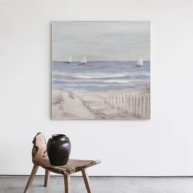 海浪 两联 装饰画 原木风 客厅背景墙挂画 手绘油画