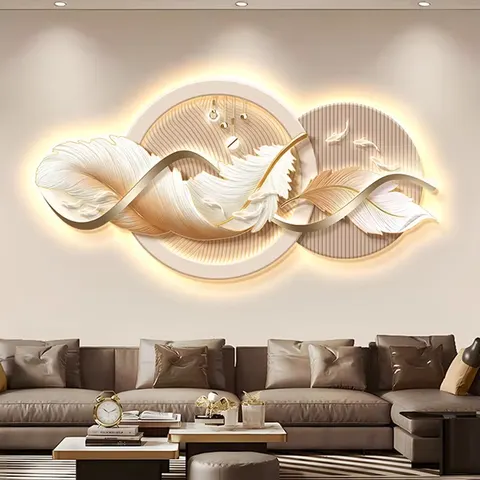 羽毛 单幅 装饰画 轻奢风 餐厅背景墙挂画 LED带灯画