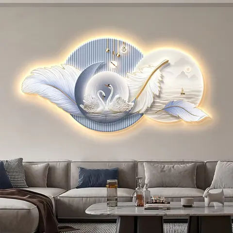 羽毛 单幅 装饰画 轻奢风 餐厅背景墙挂画 LED带灯画