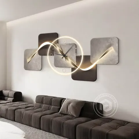 挂钟组合 单幅 装饰画 意式极简 客厅背景墙挂画 LED带灯画