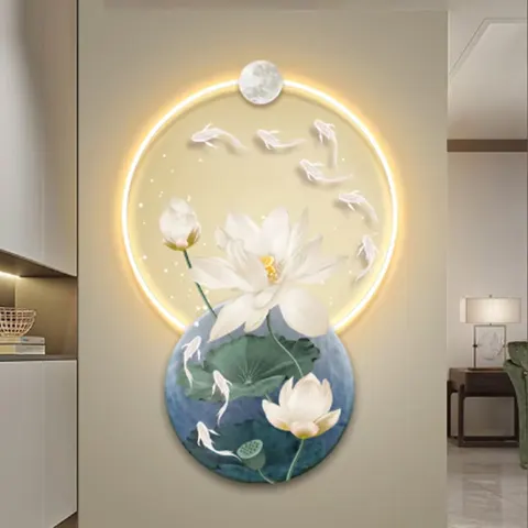 锦鲤 单幅 装饰画 新中式 客厅背景墙挂画 LED带灯画
