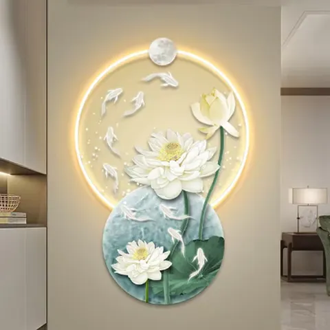 锦鲤 单幅 装饰画 新中式 客厅背景墙挂画 LED带灯画