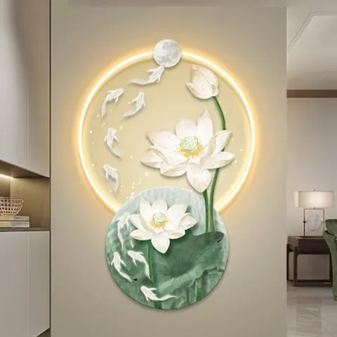 锦鲤 单幅 装饰画 新中式 客厅背景墙挂画 LED带灯画
