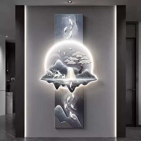 锦鲤 单幅 装饰画 现代简约 玄关背景墙挂画 LED带灯画