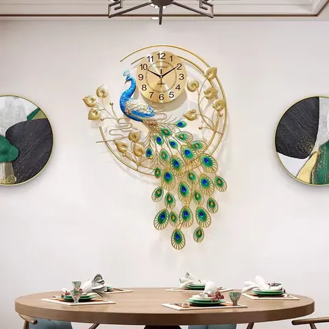 孔雀 单幅 装饰画 现代简约 餐厅背景墙挂画 挂钟