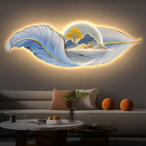 羽毛 单幅 装饰画 现代简约 客厅背景墙挂画 LED带灯画