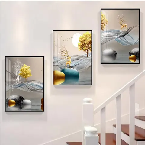 抽象 三联 装饰画 现代简约 楼梯背景墙挂画 晶瓷画