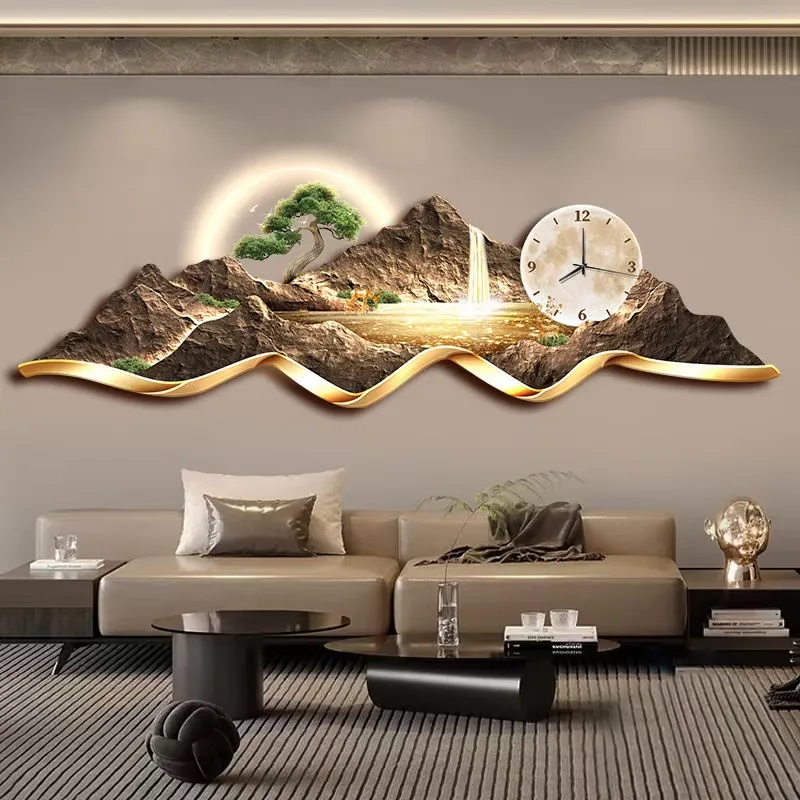 山水 单幅 装饰画 轻奢风 客厅背景墙挂画 挂钟