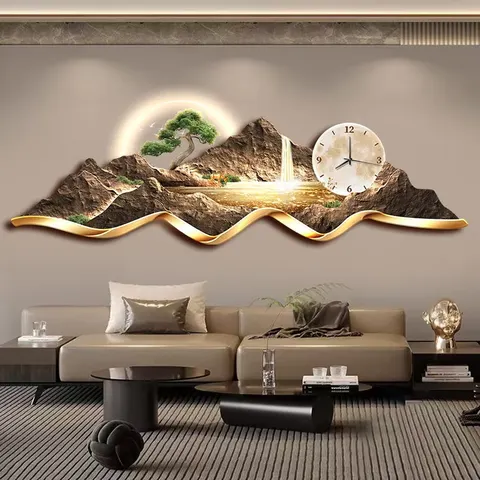 山水 单幅 装饰画 轻奢风 客厅背景墙挂画 挂钟