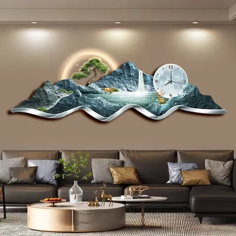山水 单幅 装饰画 轻奢风 客厅背景墙挂画 挂钟