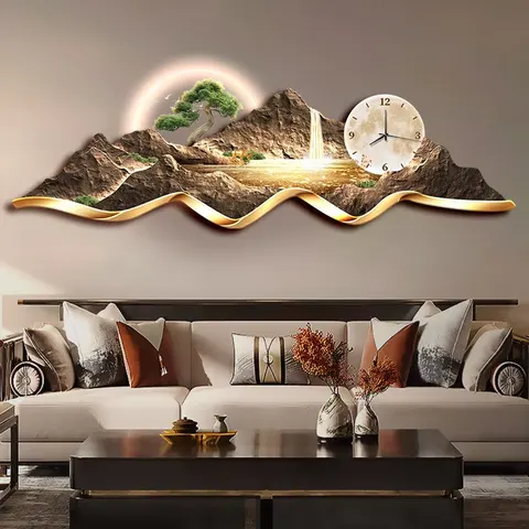 山水 单幅 装饰画 轻奢风 客厅背景墙挂画 挂钟