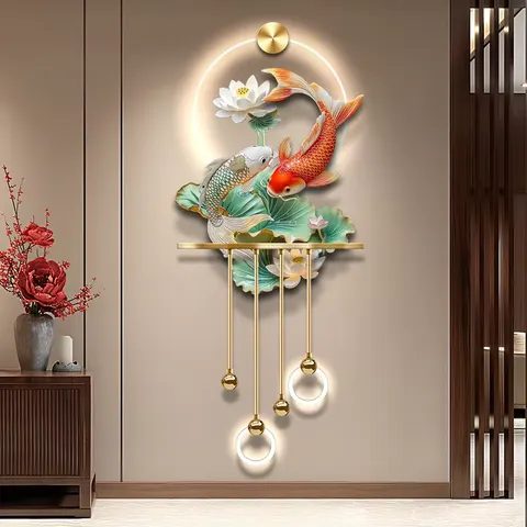 锦鲤 单幅 装饰画 新中式 客厅背景墙挂画 LED带灯画