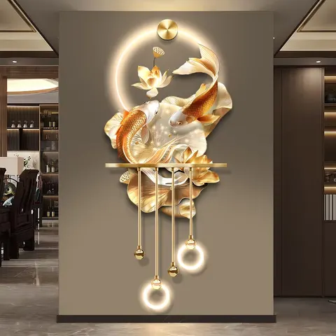 锦鲤 单幅 装饰画 新中式 客厅背景墙挂画 LED带灯画