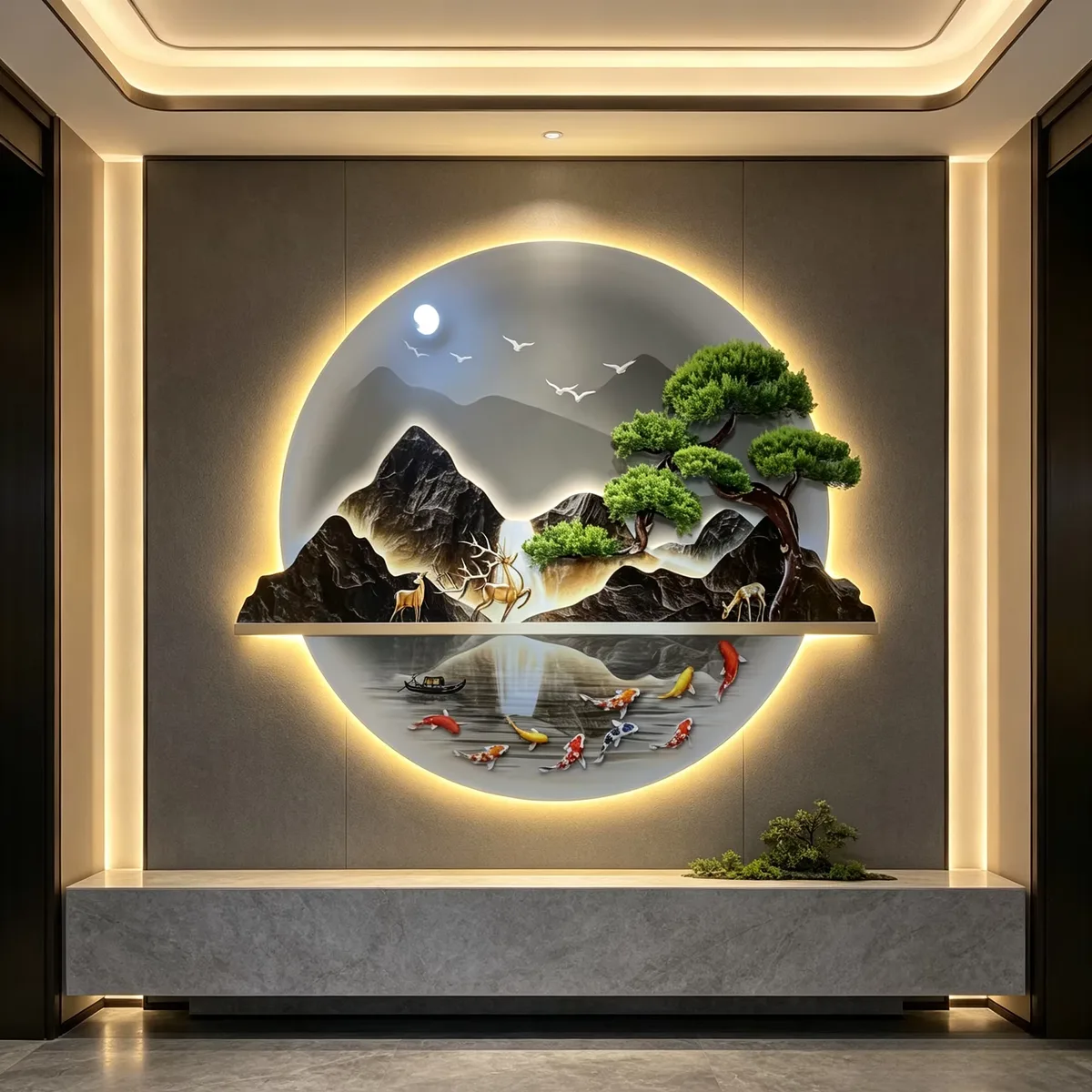 锦鲤 单幅 装饰画 新中式 酒店背景墙挂画 LED带灯画