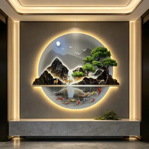 锦鲤 单幅 装饰画 新中式 酒店背景墙挂画 LED带灯画