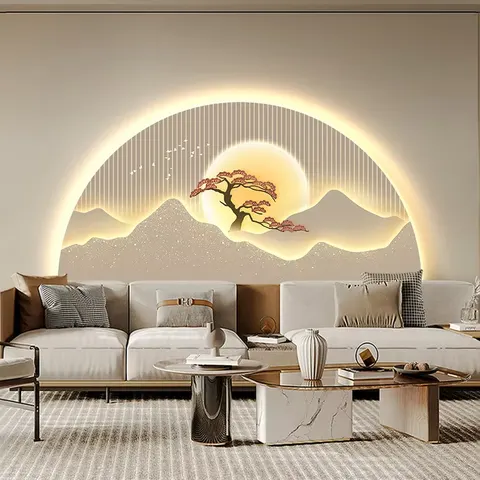 山水 单幅 装饰画 新中式 客厅背景墙挂画 LED带灯画