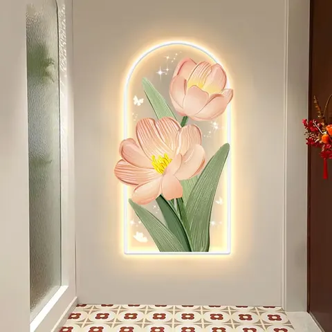 繁花 单幅 装饰画 奶油风 玄关背景墙挂画 LED带灯画