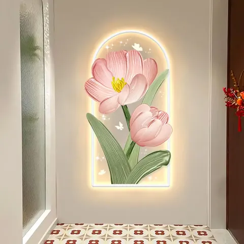 繁花 单幅 装饰画 奶油风 玄关背景墙挂画 LED带灯画
