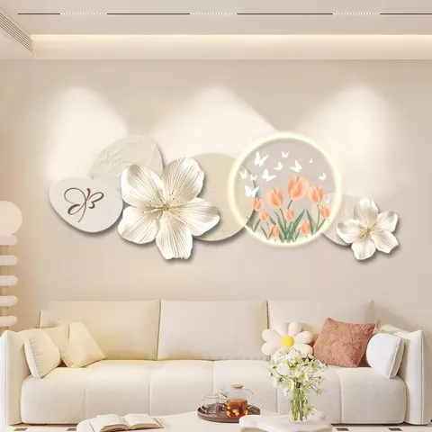 繁花 单幅 装饰画 奶油风 客厅背景墙挂画 LED带灯画