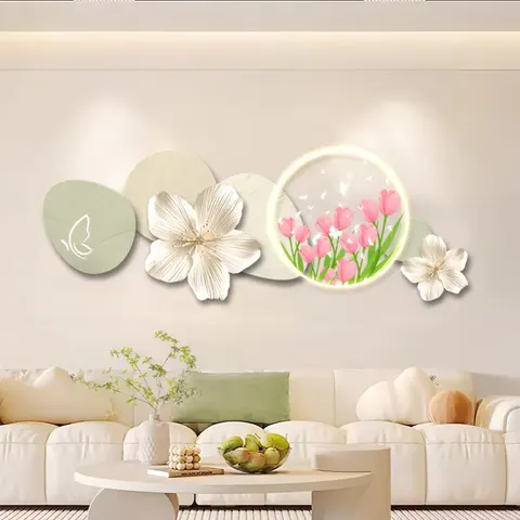 繁花 单幅 装饰画 奶油风 客厅背景墙挂画 LED带灯画