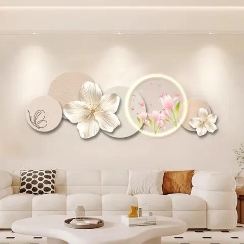繁花 单幅 装饰画 奶油风 客厅背景墙挂画 LED带灯画
