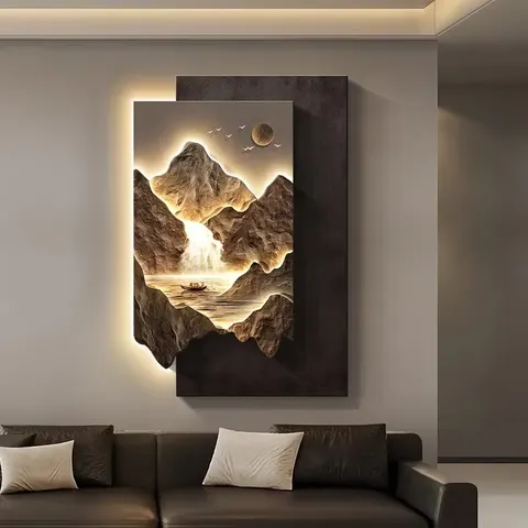 山水 单幅 装饰画 现代简约 玄关背景墙挂画 LED带灯画