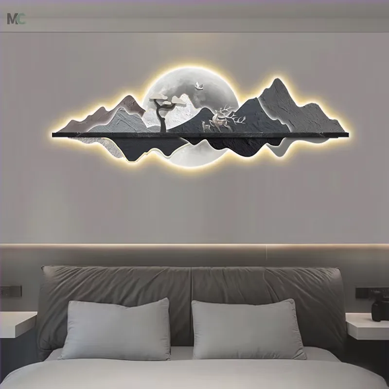 山水 单幅 装饰画 现代简约 客厅背景墙挂画 LED带灯画