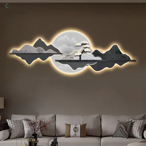 山水 单幅 装饰画 现代简约 客厅背景墙挂画 LED带灯画