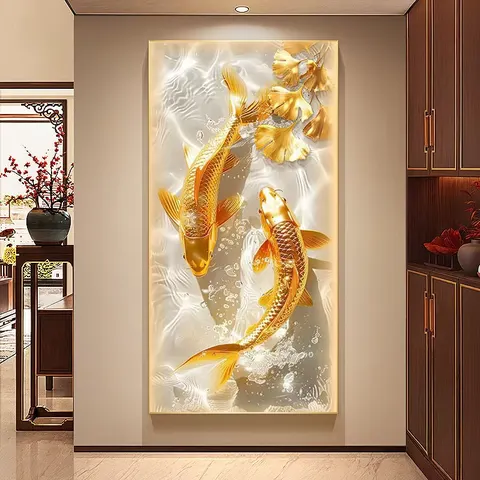 锦鲤 单幅 装饰画 轻奢风 玄关背景墙挂画 LED带灯画
