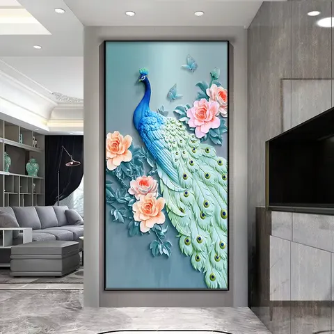 孔雀 单幅 装饰画 北欧风 玄关背景墙挂画 LED带灯画