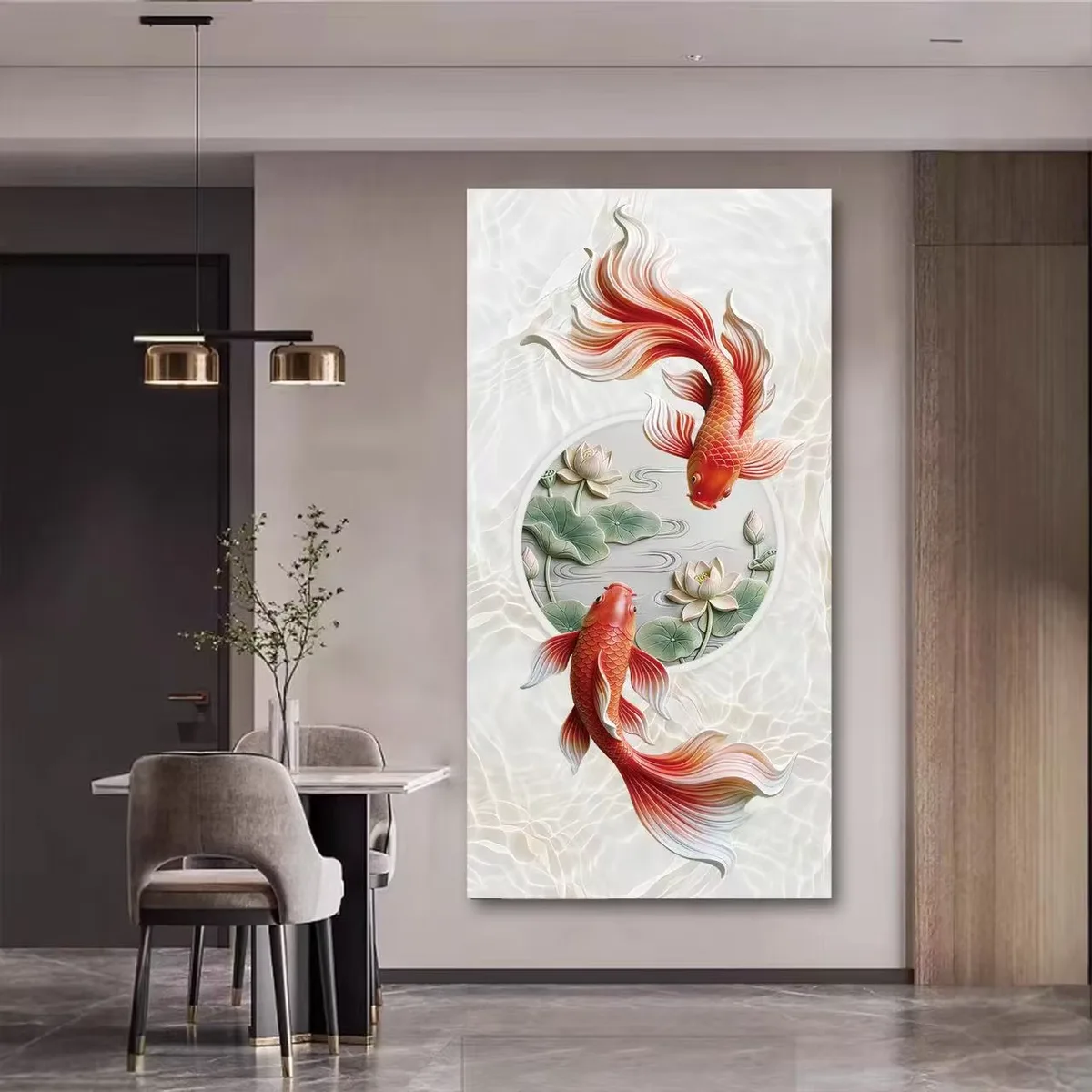 锦鲤 单幅 装饰画 现代简约 玄关背景墙挂画 砂岩浮雕