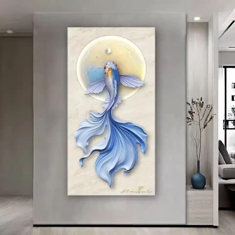 锦鲤 单幅 装饰画 现代简约 玄关背景墙挂画 砂岩浮雕