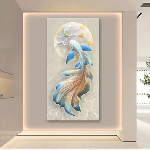锦鲤 单幅 装饰画 现代简约 玄关背景墙挂画 砂岩浮雕