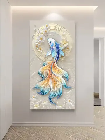 锦鲤 单幅 装饰画 现代简约 玄关背景墙挂画 砂岩浮雕