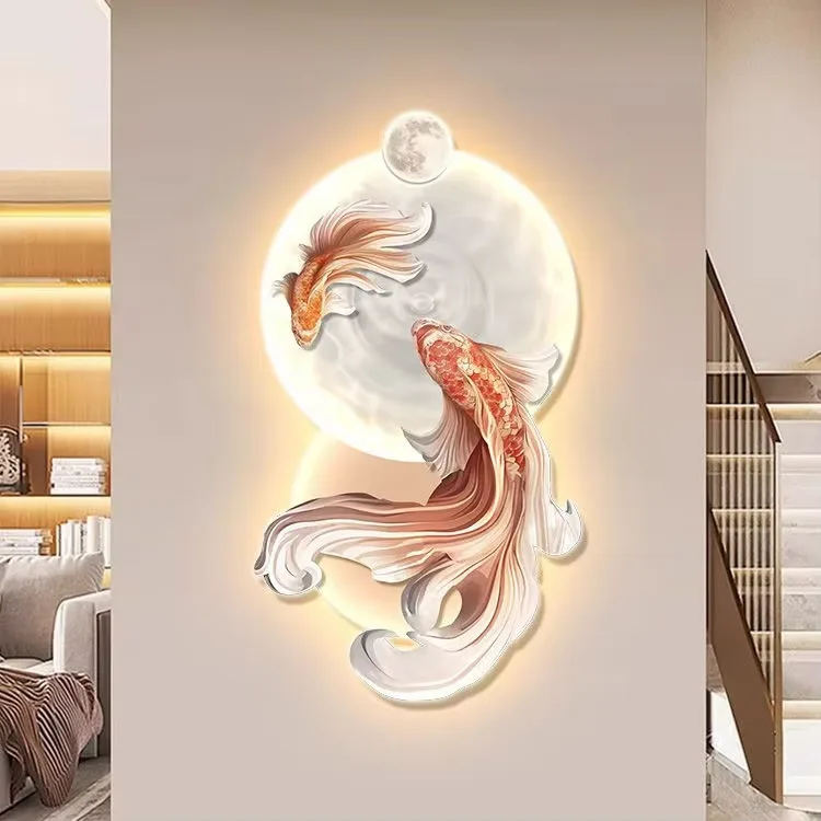 锦鲤 单幅 装饰画 现代简约 客厅背景墙挂画 LED带灯画
