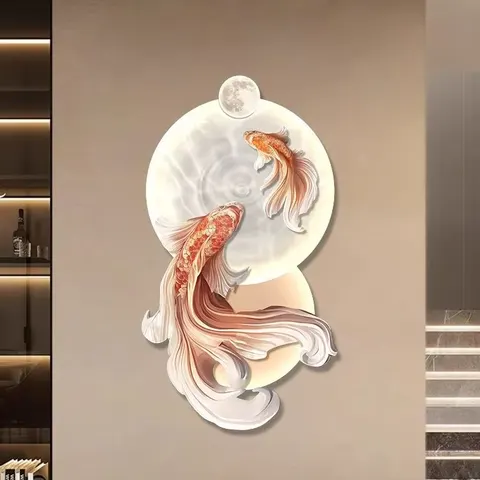 锦鲤 单幅 装饰画 现代简约 客厅背景墙挂画 LED带灯画