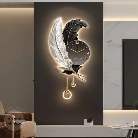羽毛 单幅 装饰画 轻奢风 客厅背景墙挂画 挂钟