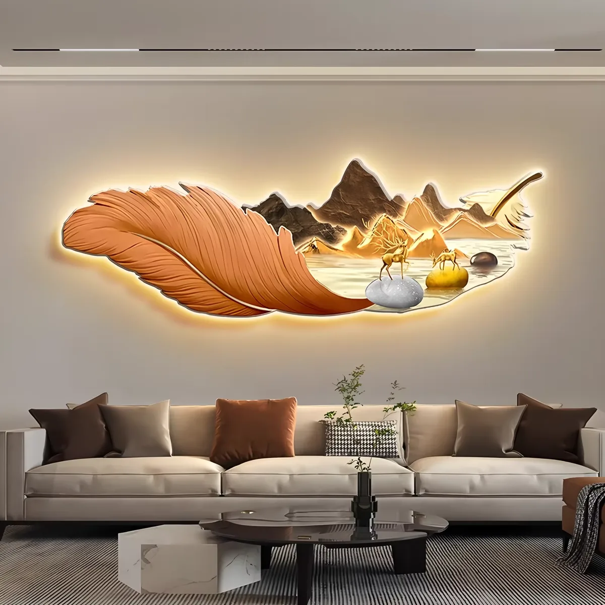 羽毛 单幅 装饰画 轻奢风 卧室背景墙挂画 LED带灯画