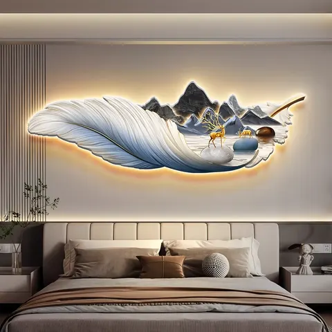 羽毛 单幅 装饰画 轻奢风 卧室背景墙挂画 LED带灯画