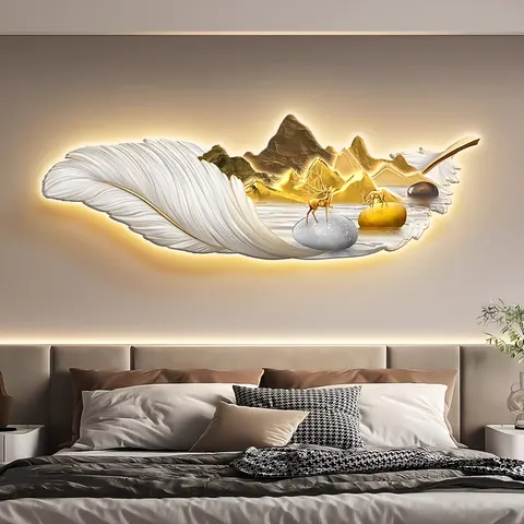 羽毛 单幅 装饰画 轻奢风 卧室背景墙挂画 LED带灯画