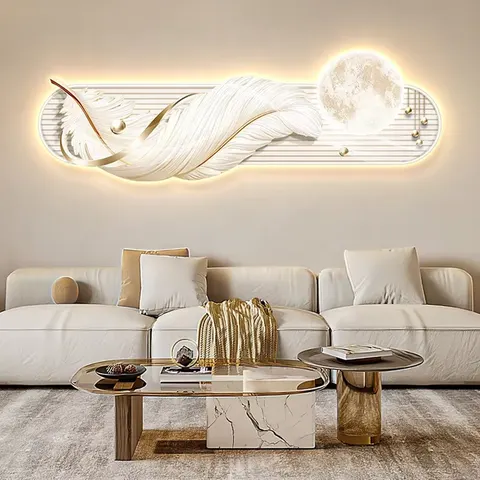 羽毛 单幅 装饰画 奶油风 客厅背景墙挂画 LED带灯画