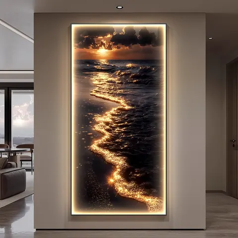 海浪 单幅 装饰画 轻奢风 玄关背景墙挂画 LED带灯画