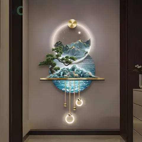 山水 单幅 装饰画 现代简约 玄关背景墙挂画 LED带灯画
