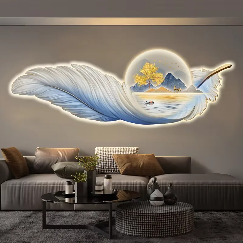 羽毛 单幅 装饰画 现代简约 酒店背景墙挂画 LED带灯画