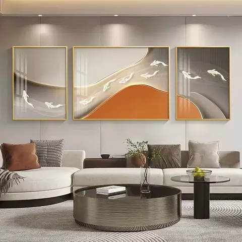 锦鲤 三联 装饰画 现代简约 客厅背景墙挂画