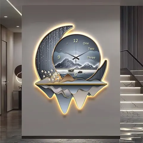 挂钟组合 单幅 装饰画 欧式 餐厅背景墙挂画 LED带灯画