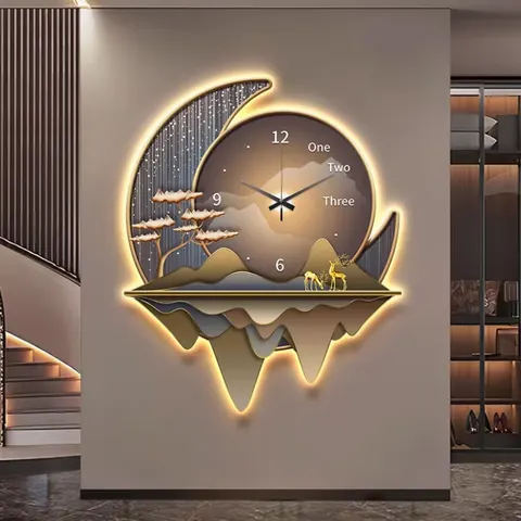 挂钟组合 单幅 装饰画 欧式 餐厅背景墙挂画 LED带灯画