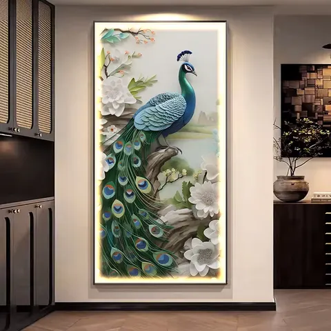 孔雀 单幅 装饰画 轻奢风 客厅背景墙挂画 LED带灯画