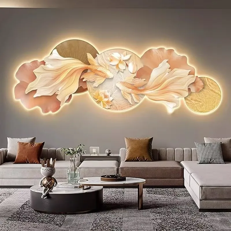锦鲤 单幅 装饰画 现代简约 客厅背景墙挂画 LED带灯画