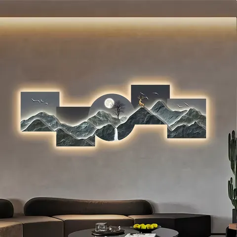 山水 单幅 装饰画 现代简约 客厅背景墙挂画 LED带灯画